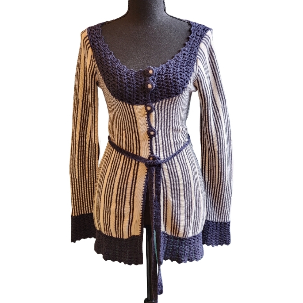 ANTHROPOLOGIE SPARROW SZ S Blue & Ivory Striped Cardigan Sweater Crochet Trim